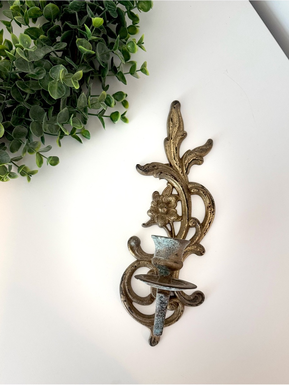 Ornate Vintage Brass Wall Sconce Candle Holder
